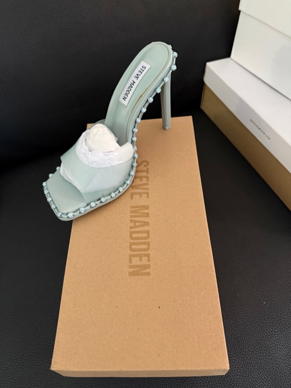 Steve Madden Mint Green Jeweled Square-Toe Stiletto Mule